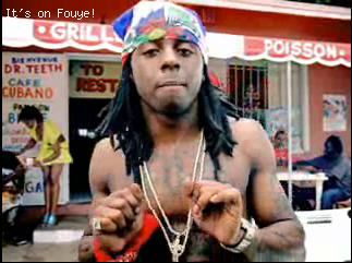 Lil Wayne in front of a Haitian Restaurant